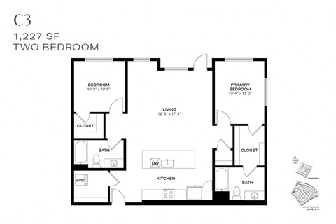 Floor plan for 2 beds, 2 baths, 1227 sqft